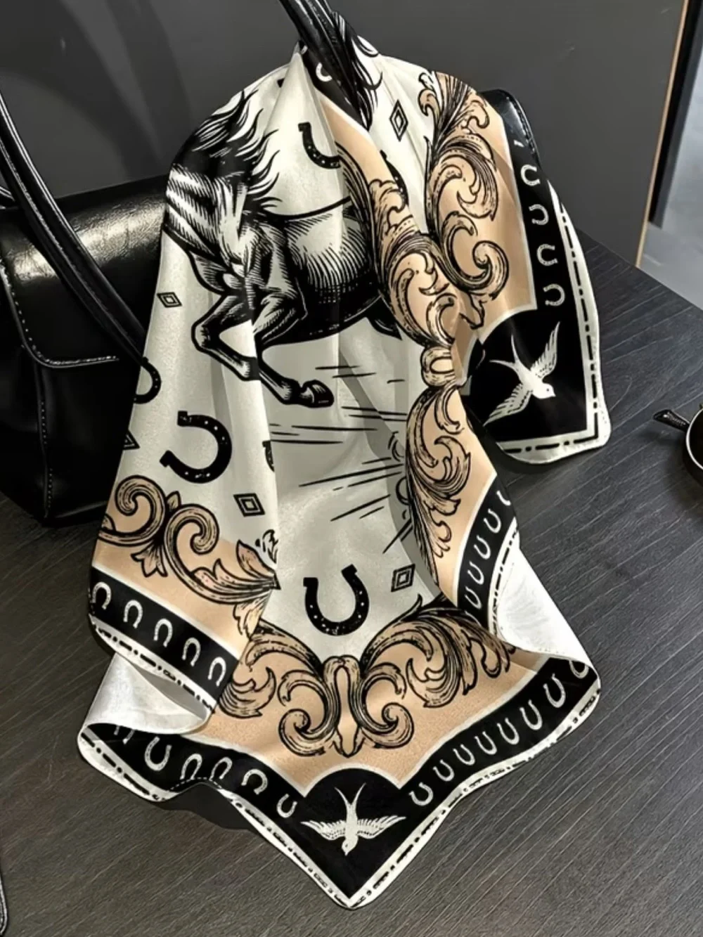Horse Motif Scarf in Cream, Black & Gold